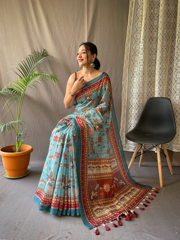 Women's  Blue Color Kadambari Cotton Kalamkari Printed Saree Blue - TASARIKA