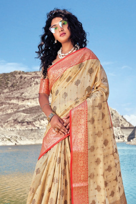 Women's Buff Cream Banarasi Saree - Karagiri