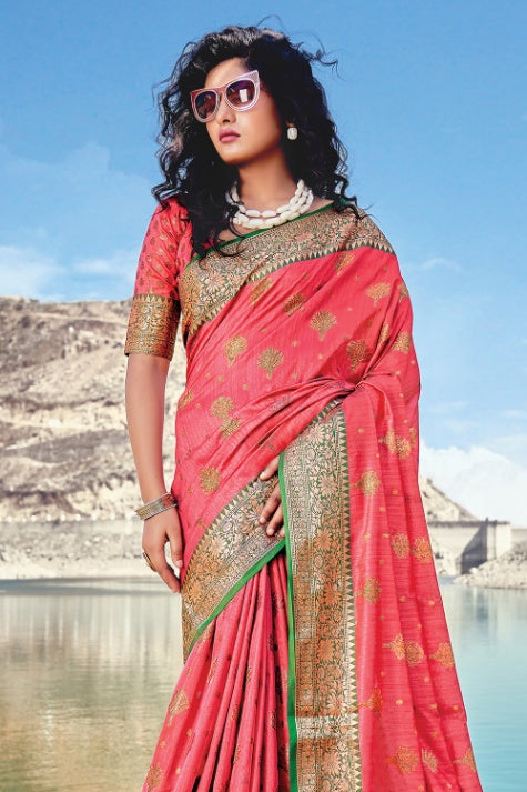 Women's Carmine Pink Banarasi Saree - Karagiri