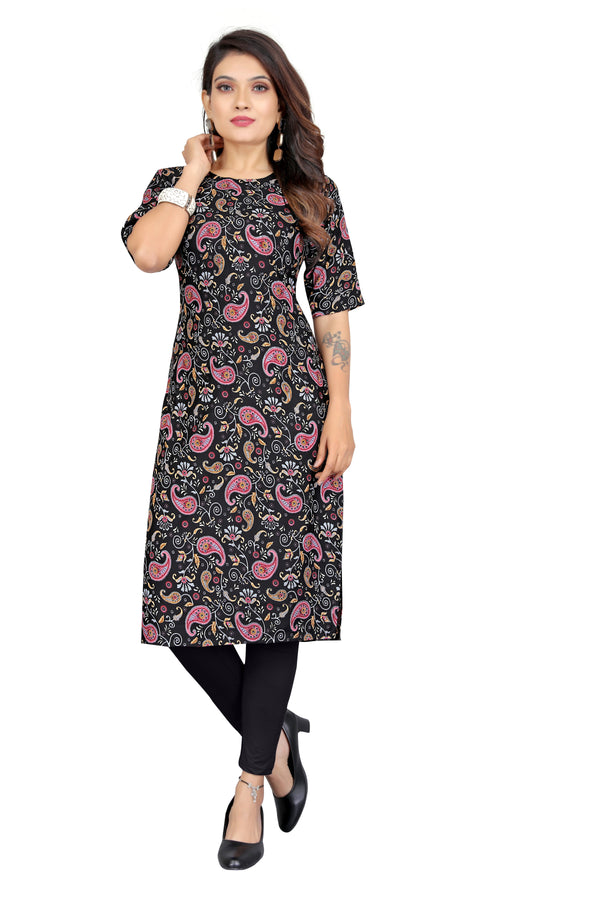 Women's Black  Regulat Wear Digital Printed Crepe Kurti  - Fashion Forever