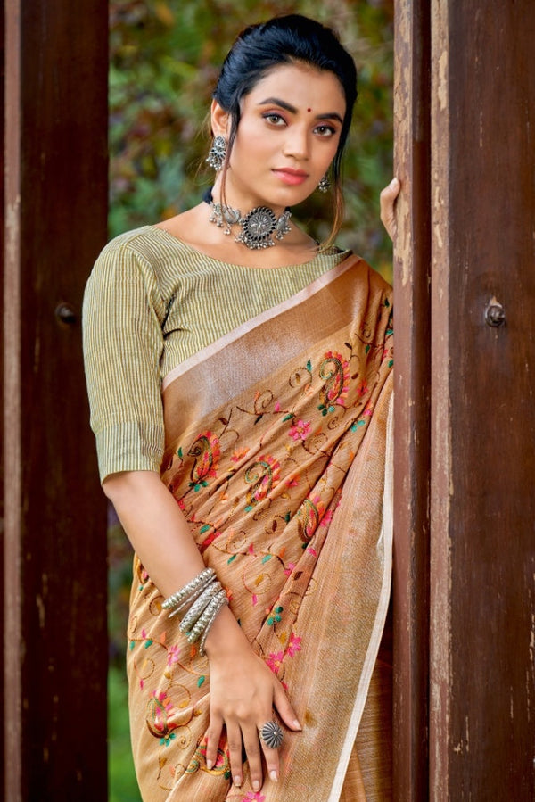 Women's Beige Linen Saree - Karagiri