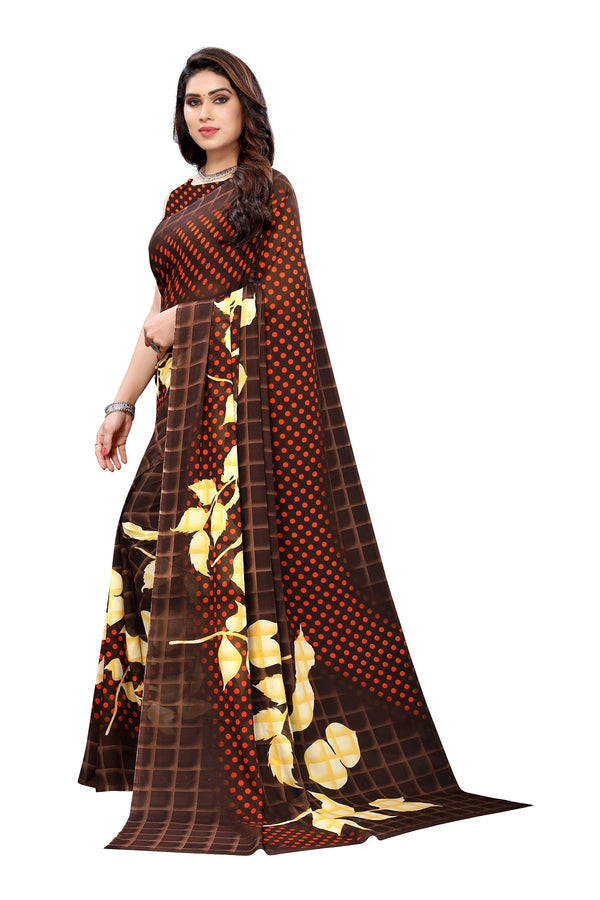 Women's Brown Printed Georgette Saree - Vamika