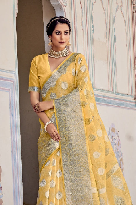 Women's Yellow Linen Saree - Karagiri