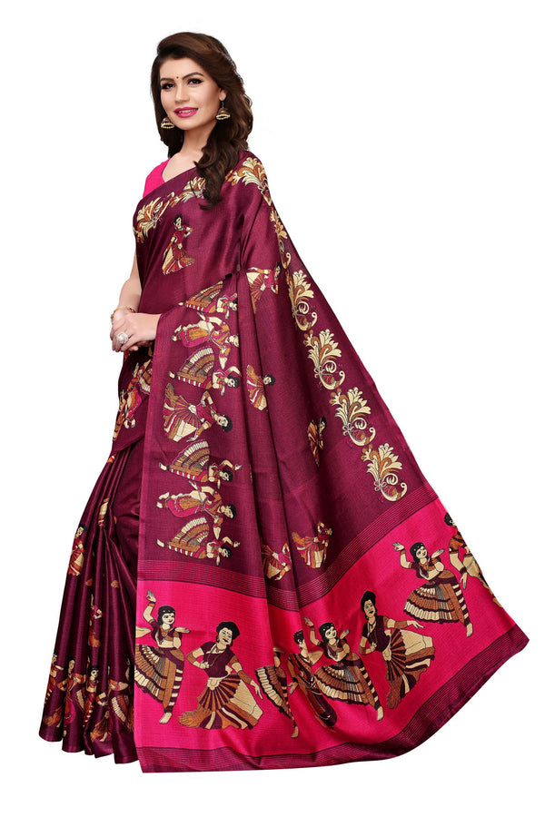 Women's Vamika Rama Kalamkari With Jhalar Khadi Silk Saree Kathak Wine - Vamika