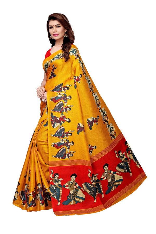 Women's Vamika Wine Kalamkari With Jhalar Khadi Silk Saree Kathak Yellow - Vamika