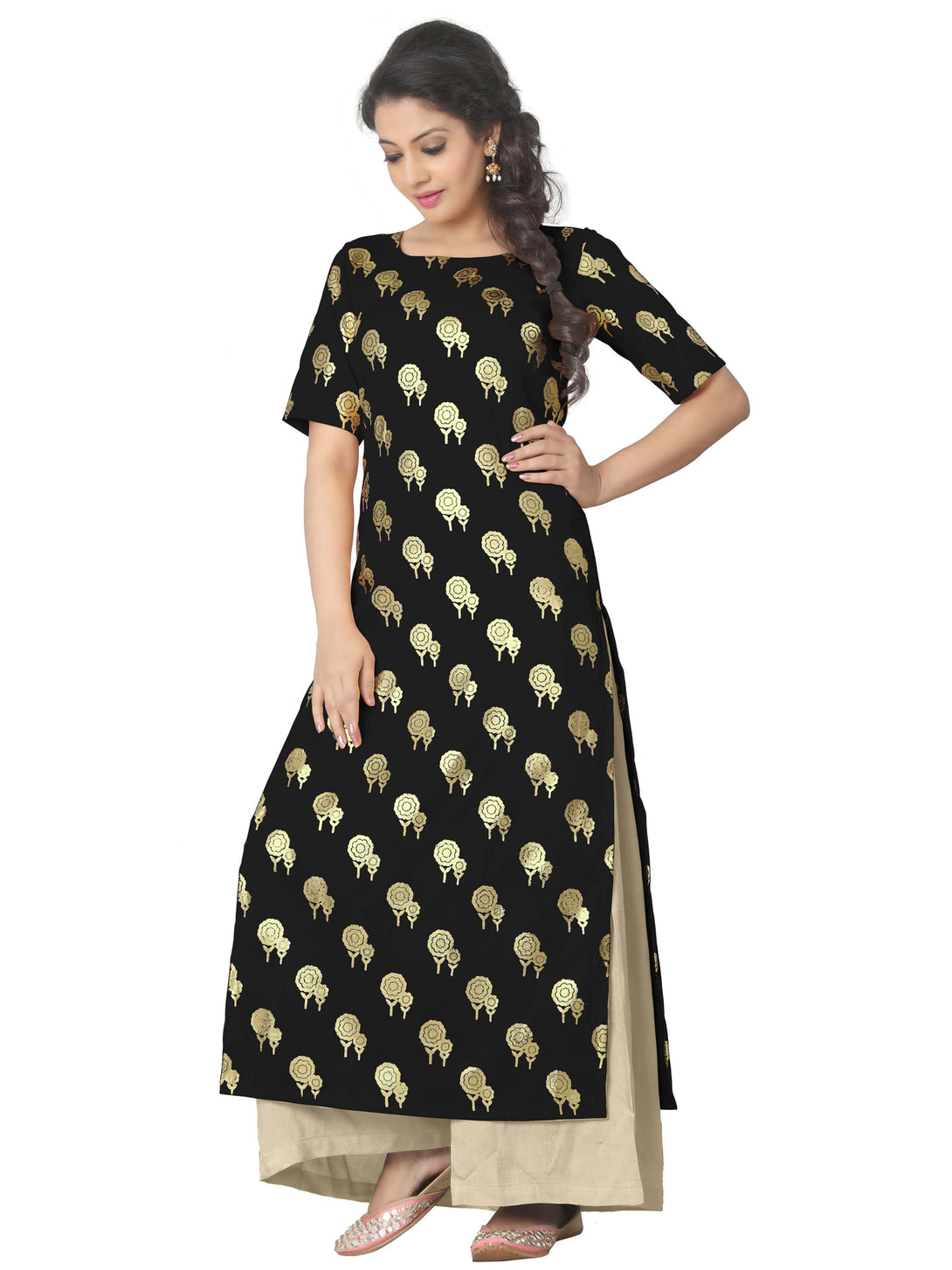 Women Black Foil Print Crepe Kurta by Ziyaa (1 Pc Set)