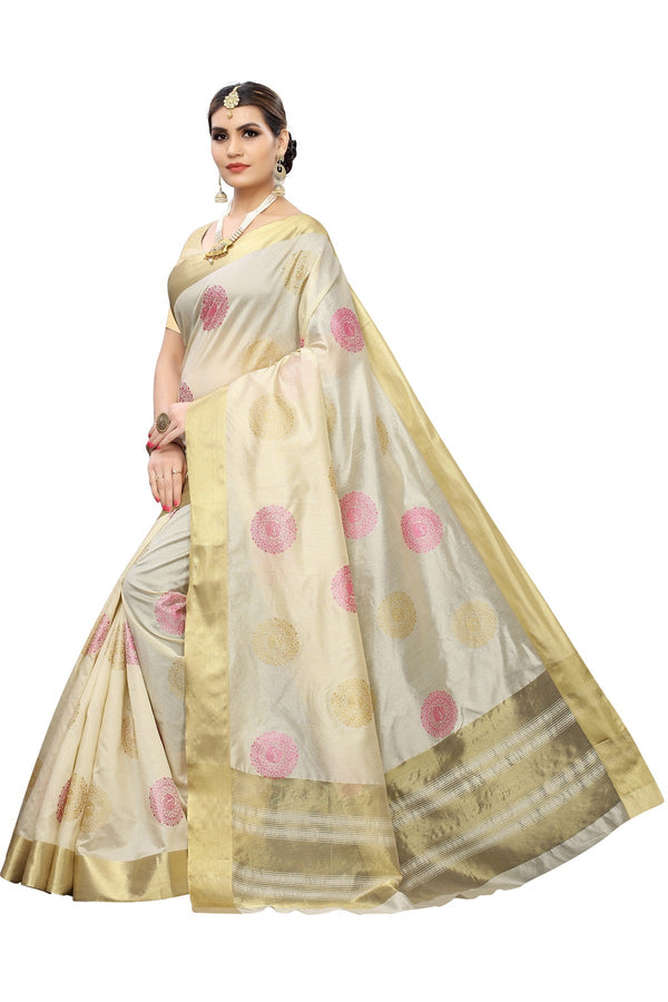 Women's Cream Weaving Cotton Polyester Silk Saree -VAMIKA