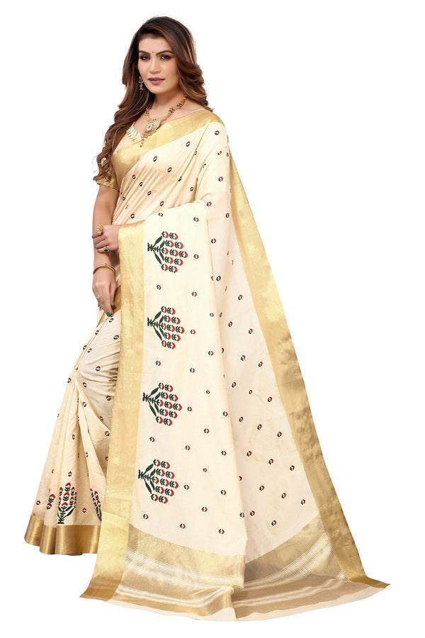 Women's Cream Weaving Cotton Polyester Silk Saree - Vamika