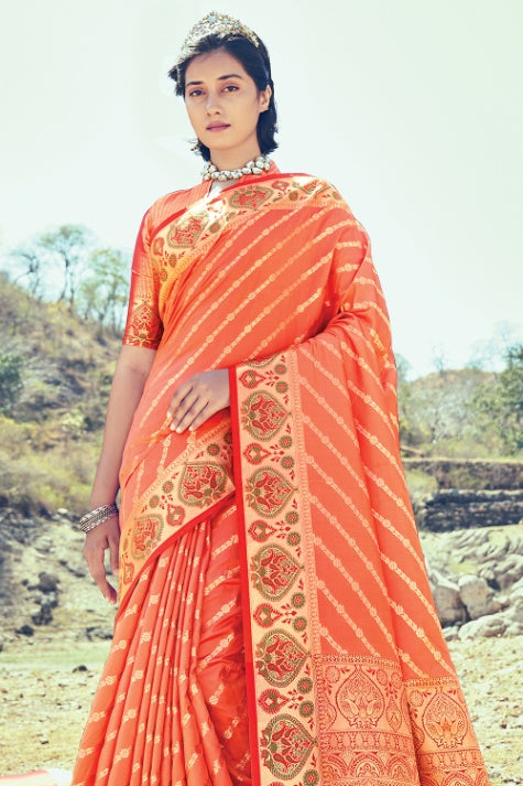 Women's Aerospace Orange Banarasi Silk Saree - Karagiri