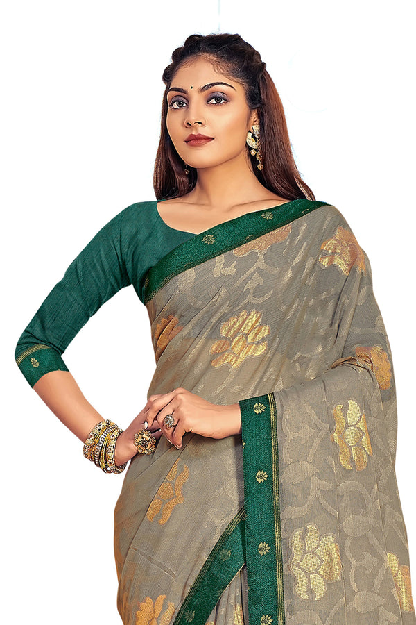 Women's Grey Designer Chiffon Brasso Saree With Exclusive Banarasi Lace - Vamika