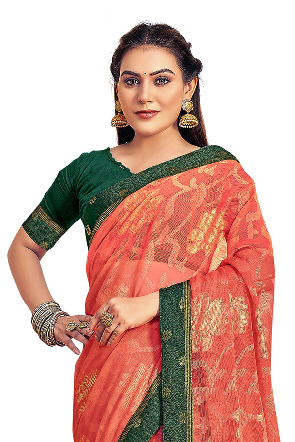 Women's Orange Designer Chiffon Brasso Saree With Exclusive Banarasi Lace - Vamika