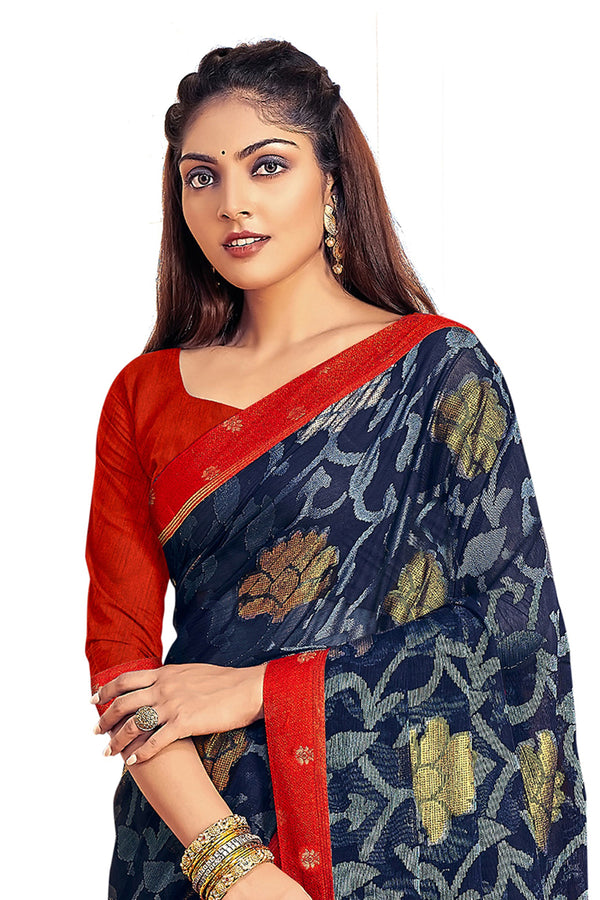 Women's Blue Designer Chiffon Brasso Saree With Exclusive Banarasi Lace - Vamika