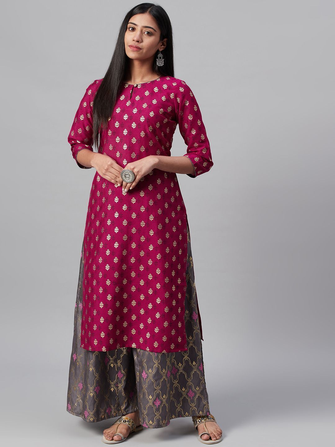 Women's Pink Poly Silk Foil Printed Straight Kurta - Ziyaa