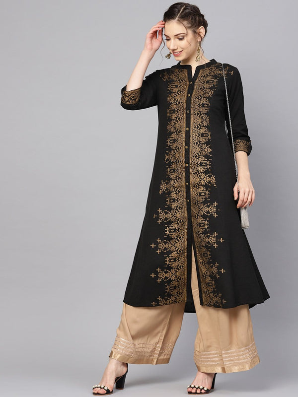 Women's Black & Golden Foil Printed A-Line Kurta - Varanga