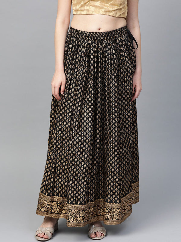 Women's Black & Golden Printed Maxi Flared Skirt - Varanga