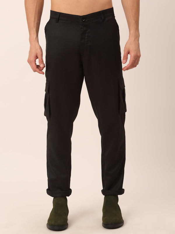 Men's Casual Cotton Solid Cargo Pants ( KGP 154 Black ) - Jainish