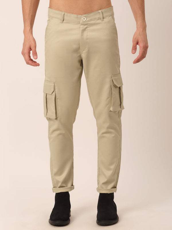 Men's Casual Cotton Solid Cargo Pants ( KGP 154 Cream ) - Jainish