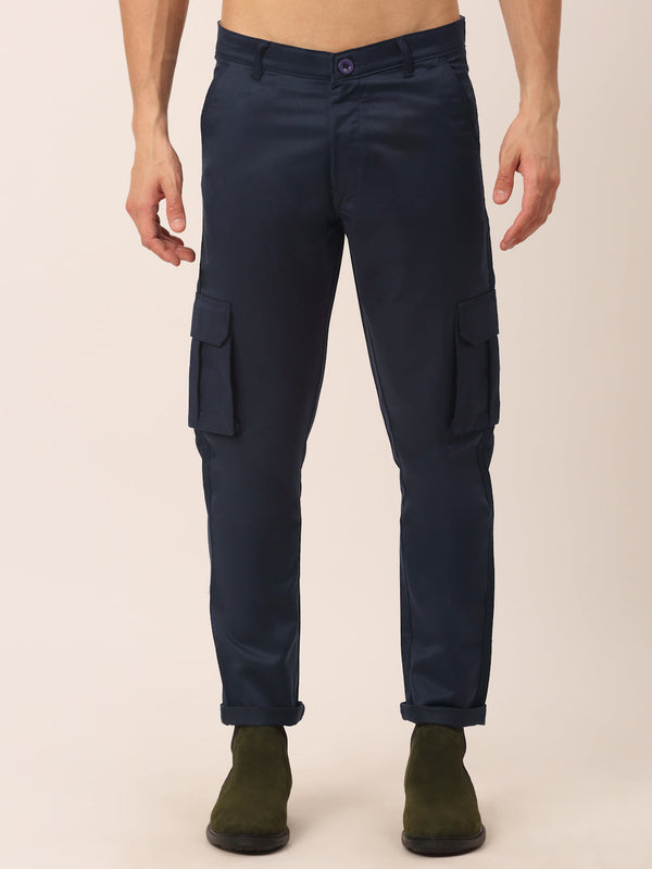 Men's Casual Cotton Solid Cargo Pants ( KGP 154 Navy-Blue ) - Jainish