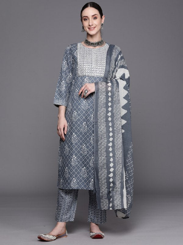 Women's Bandhani Printed Regular Thread Work Pure Cotton Kurta With Trousers & Dupatta - Navyaa