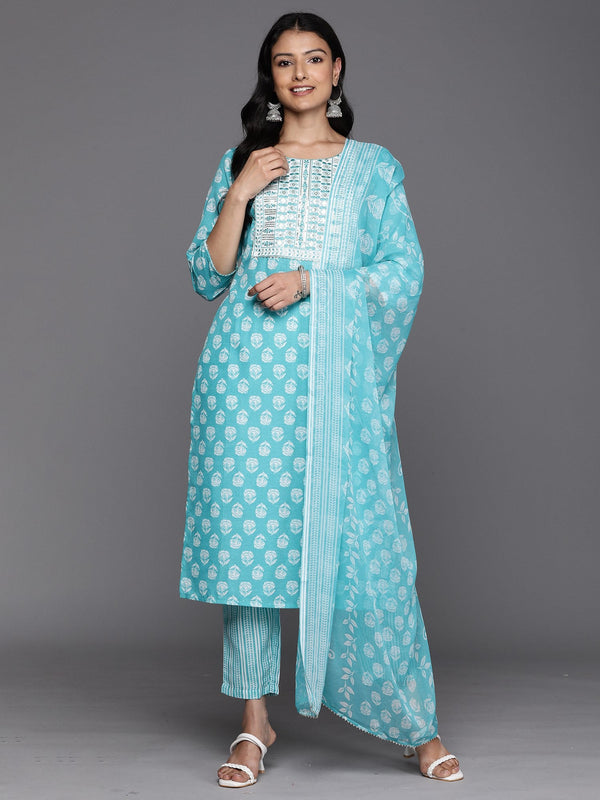 Women's Floral Printed Regular Sequinned Pure Cotton Kurta With Trousers & Dupatta - Navyaa