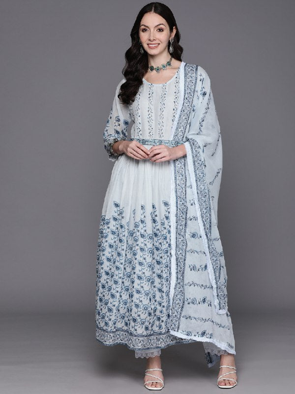 Women's Floral Printed Beads & Stones Anarkali Pure Cotton Kurta With Trousers & Dupatta - Navyaa