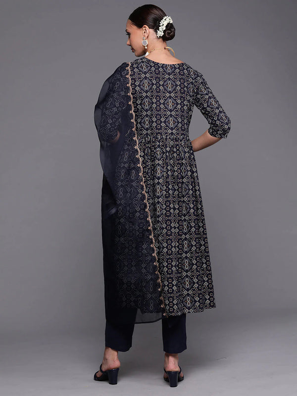 Women's Navy Blue Foil Printed A-Line Kurta Trouser With Dupatta Set - Navyaa