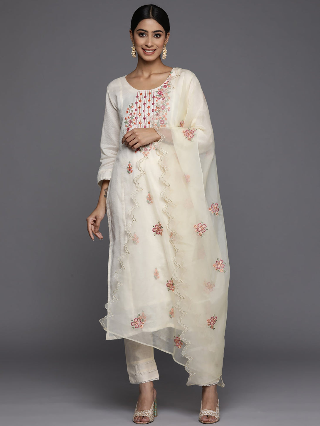 Women's White Embroidered Straight Kurta Trousers With Dupatta Set - Indo Era