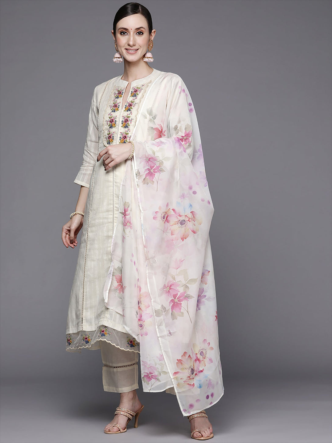 Women's White Embroidered Straight Kurta Trousers With Dupatta Set - Indo Era