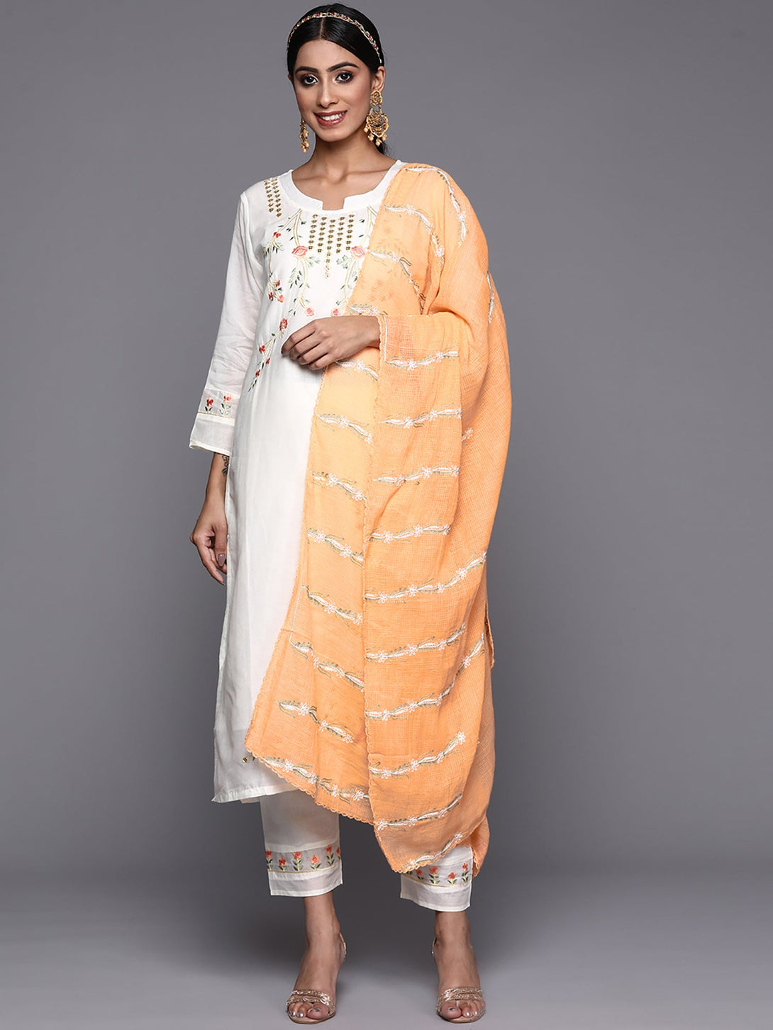 Women's White Embroidered Straight Kurta Trousers With Dupatta Set - Indo Era