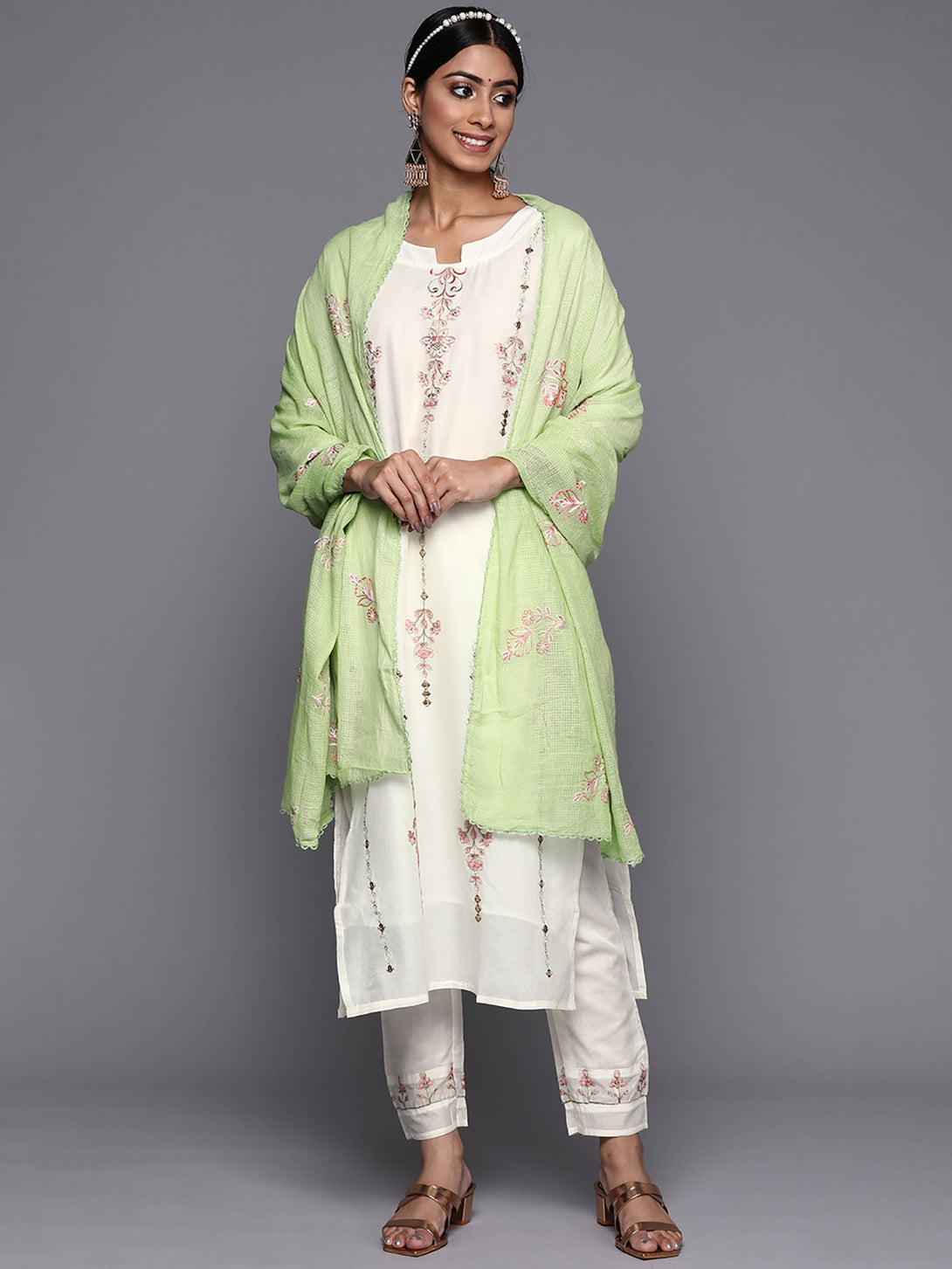 Women's White Embroidered Straight Kurta Trousers With Dupatta Set - Indo Era