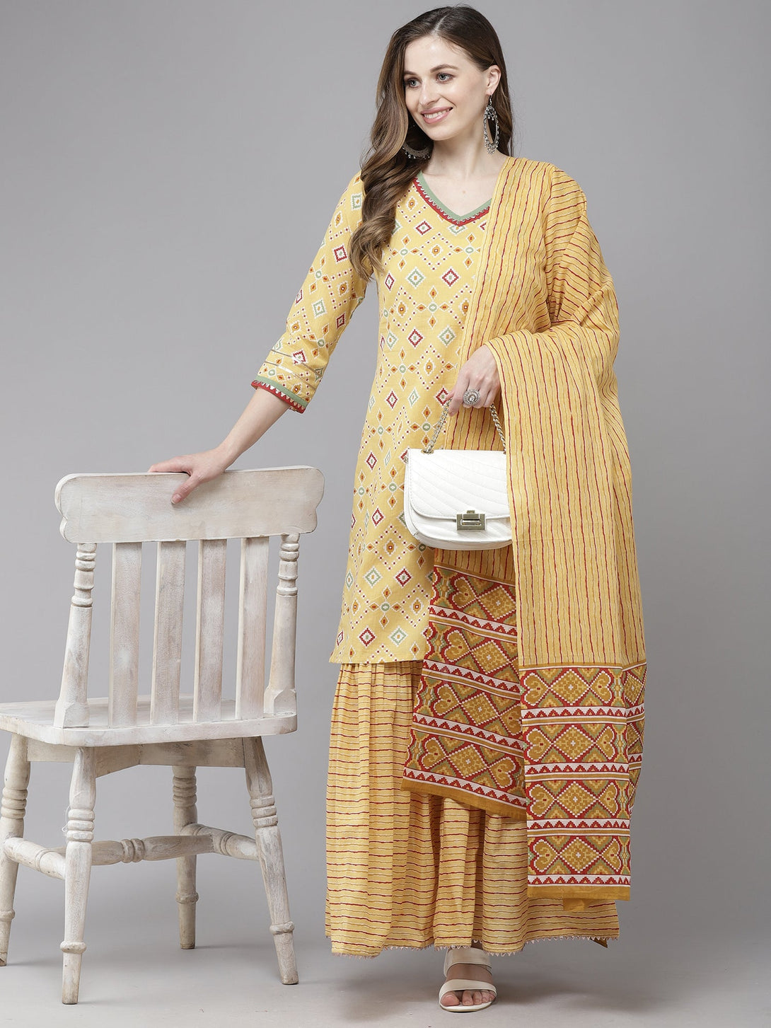 Women's Yellow Printed Straight Kurta Sharara With Dupatta Set - Indo Era