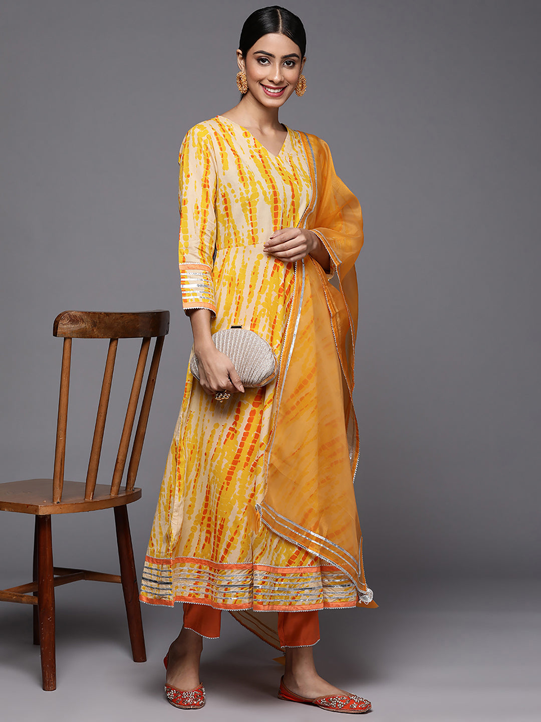 Women's Yellow Tie & Dye A-Line Kurta Trouser With Dupatta Set - Indo Era