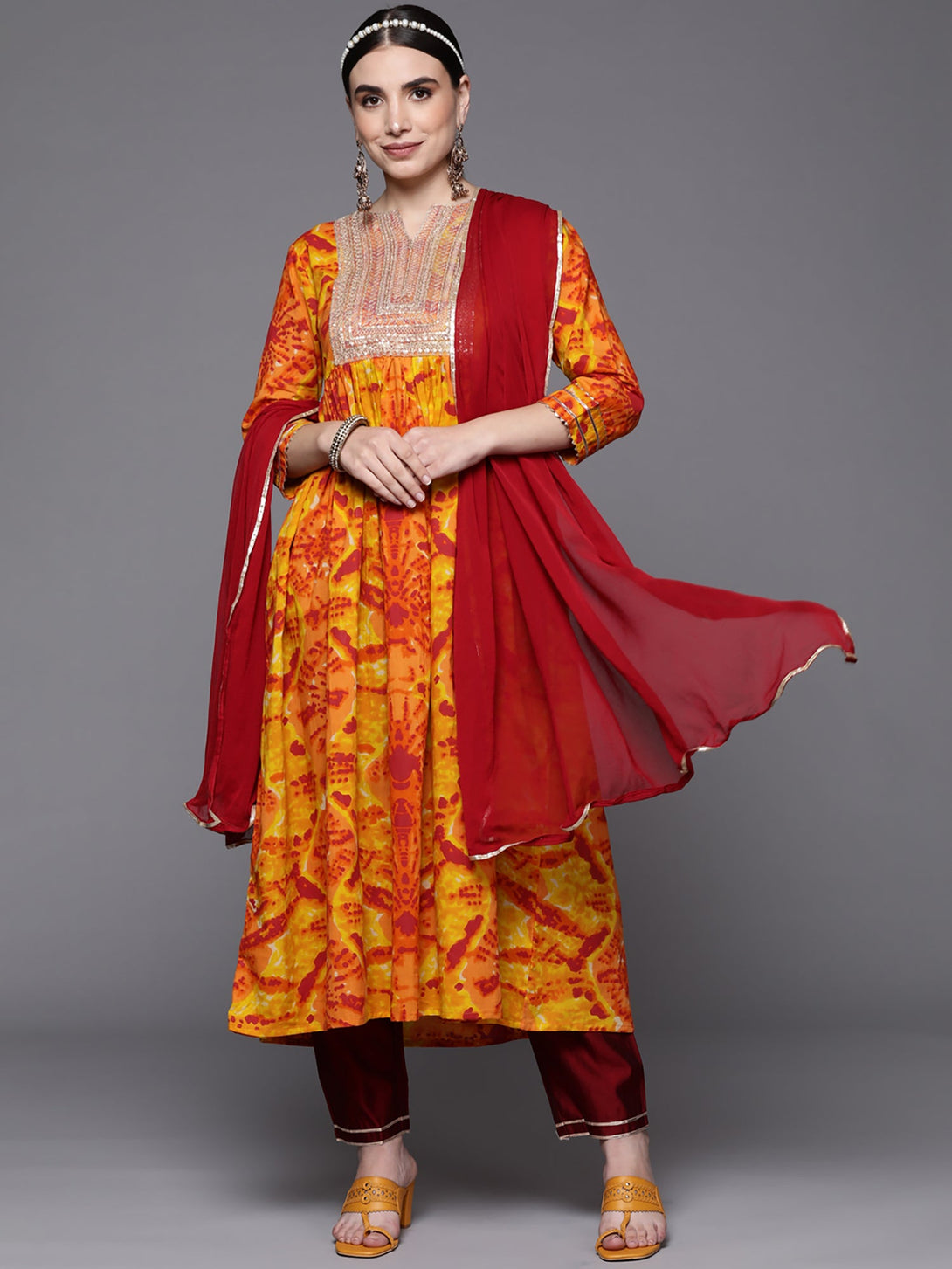 Women's Yellow Tie & Dye Straight Kurta Trouser With Dupatta Set - Indo Era