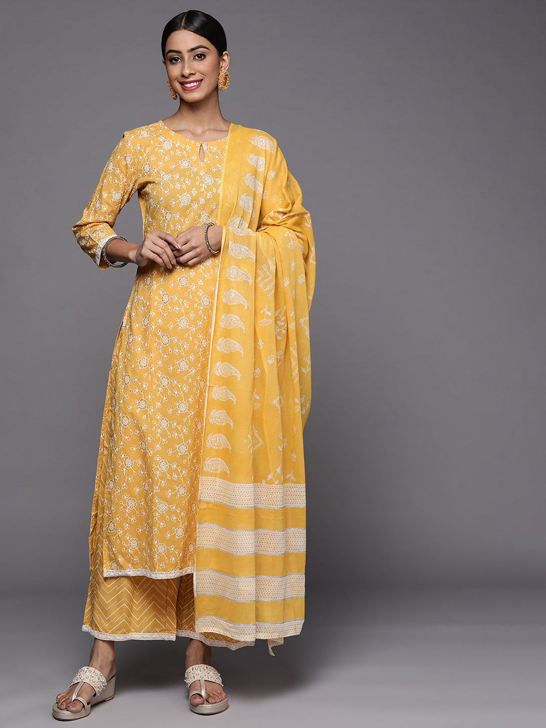 Women's Yellow Printed Straight Kurta Palazzo With Dupatta Set - Indo Era