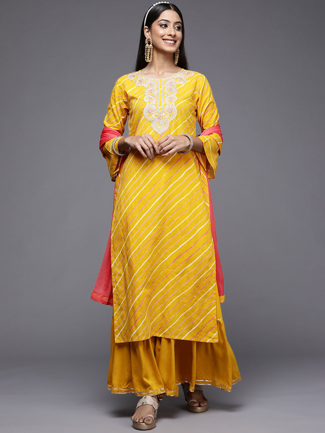 Women's Yellow Printed Straight Kurta Sharara With Dupatta Set - Indo Era