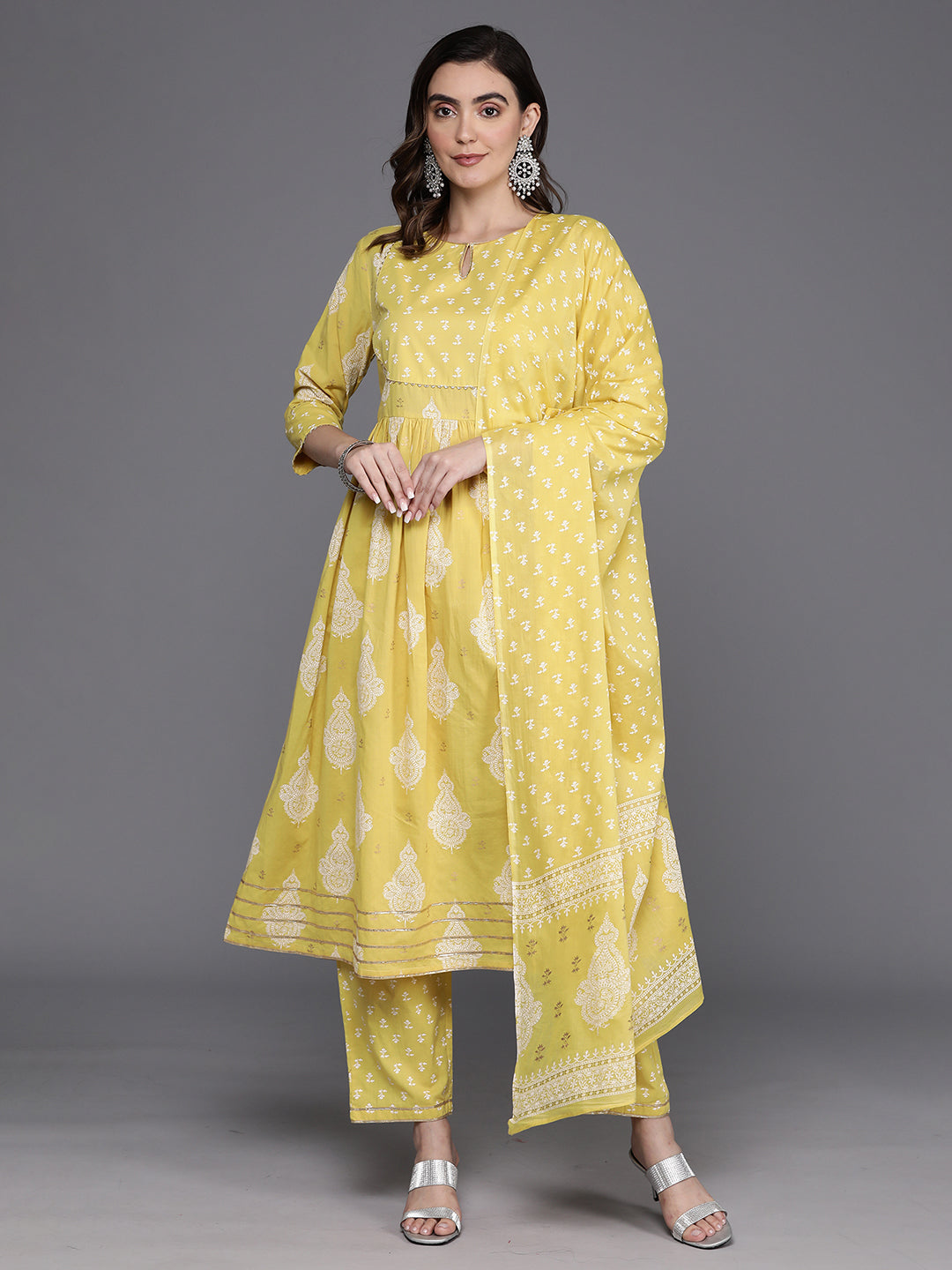 Women's Yellow Printed A-Line Kurta Trousers With Dupatta Set - Indo Era