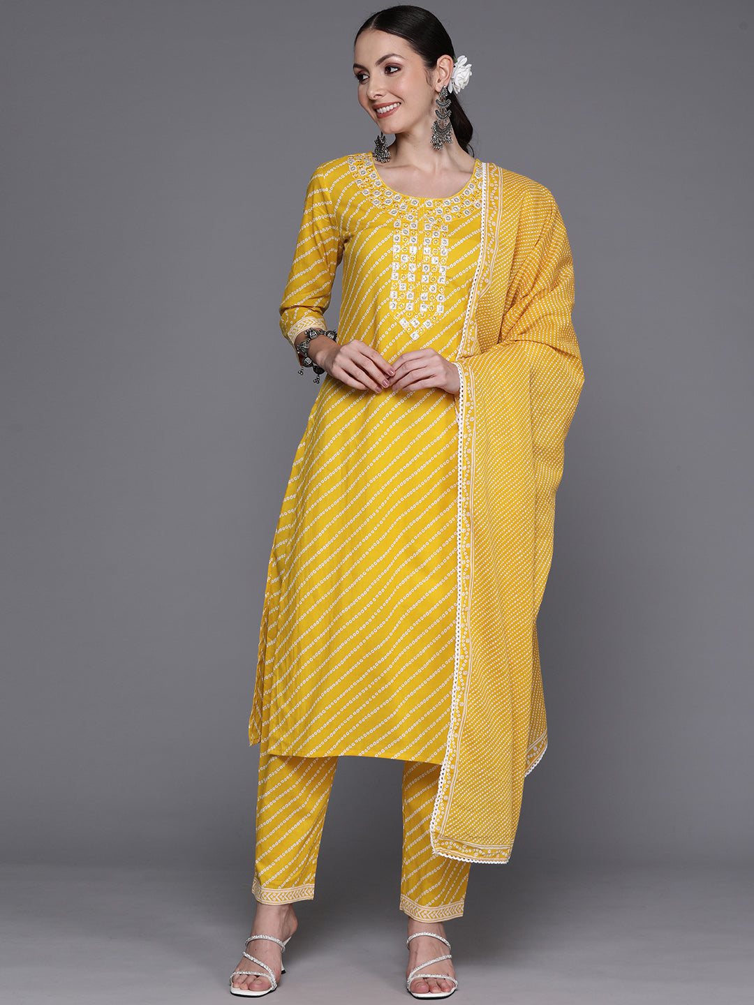 Women's Yellow Printed Straight Kurta Trousers With Dupatta Set - Indo Era