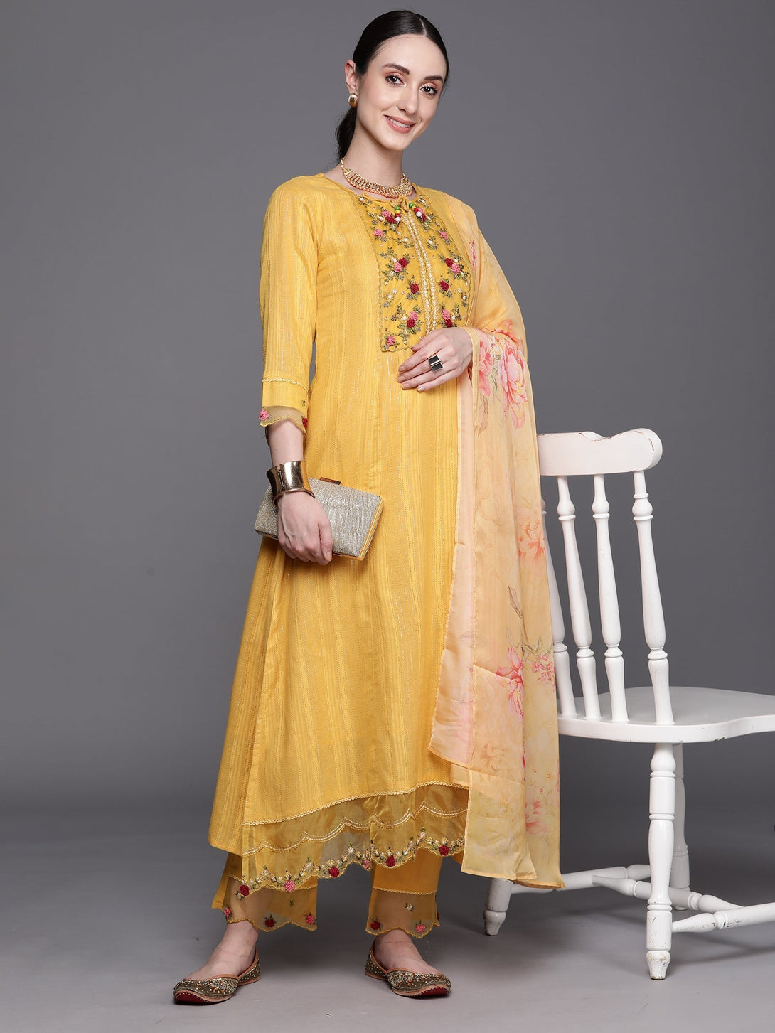 Women's Yellow Embroidered A-Line Kurta Trousers With Dupatta Set - Indo Era