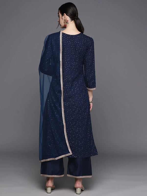 Women's Navy Blue Ethnic Motifs Embroidered Sequinned Liva Kurta With Palazzos & With Dupatta - Navyaa