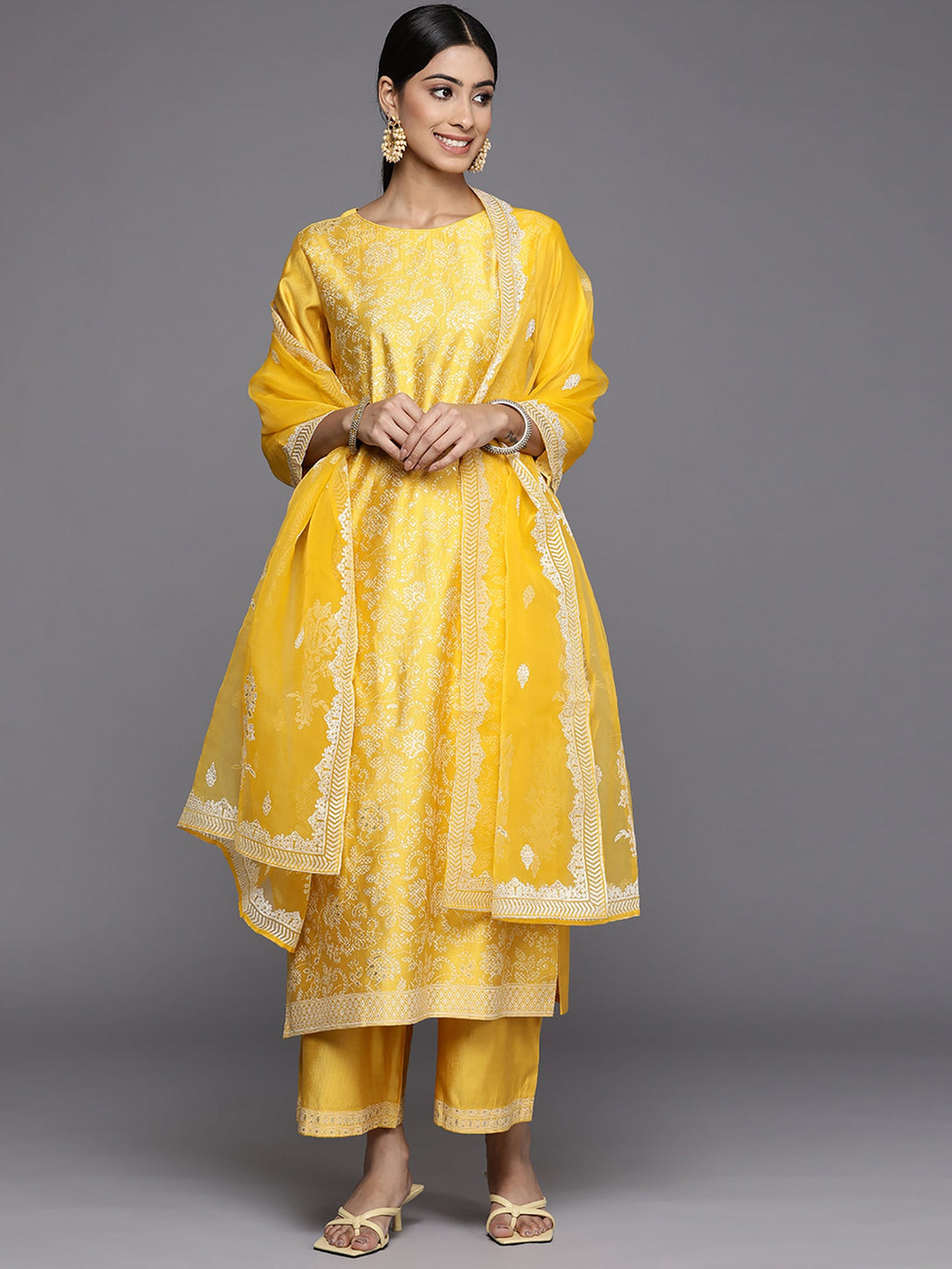 Women's Yellow Printed Straight Kurta Palazzos With Dupatta Set - Indo Era