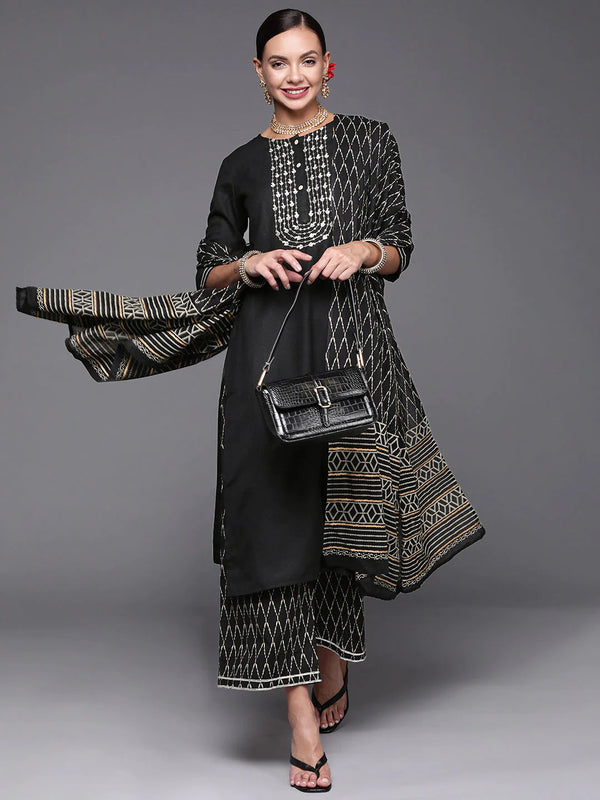 Women's Black Embroidered Straight Kurta Palazzo With Dupatta Set - Navyaa