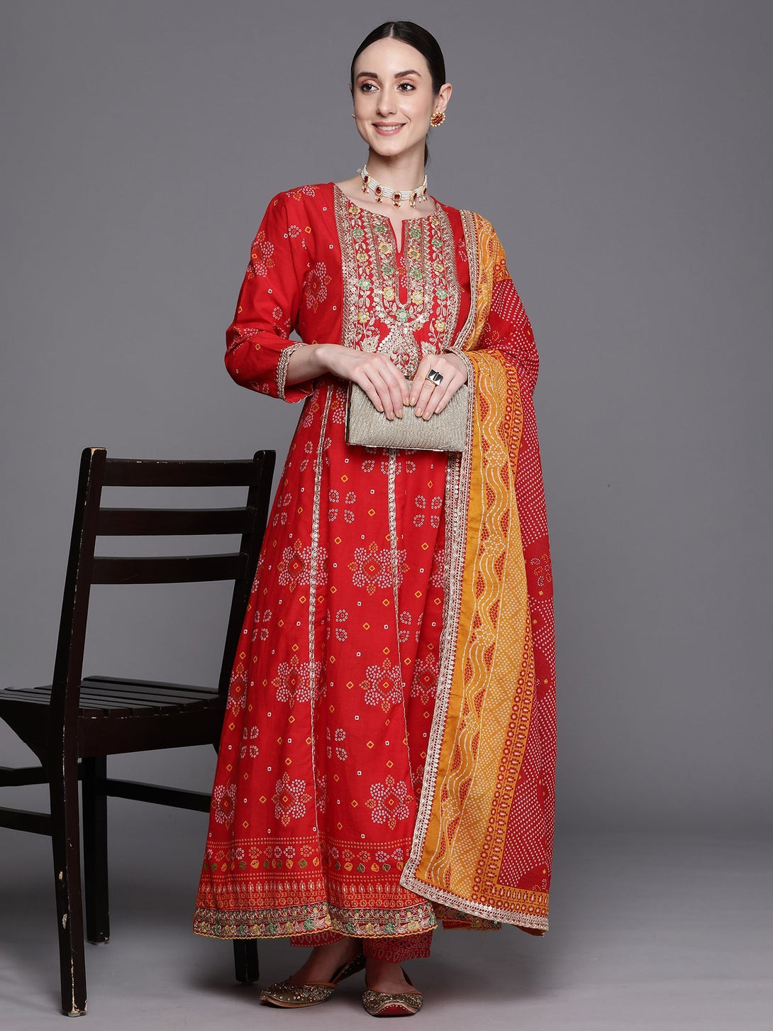 Women's Red Printed Anarkali Kurta Trousers With Dupatta Set - Indo Era