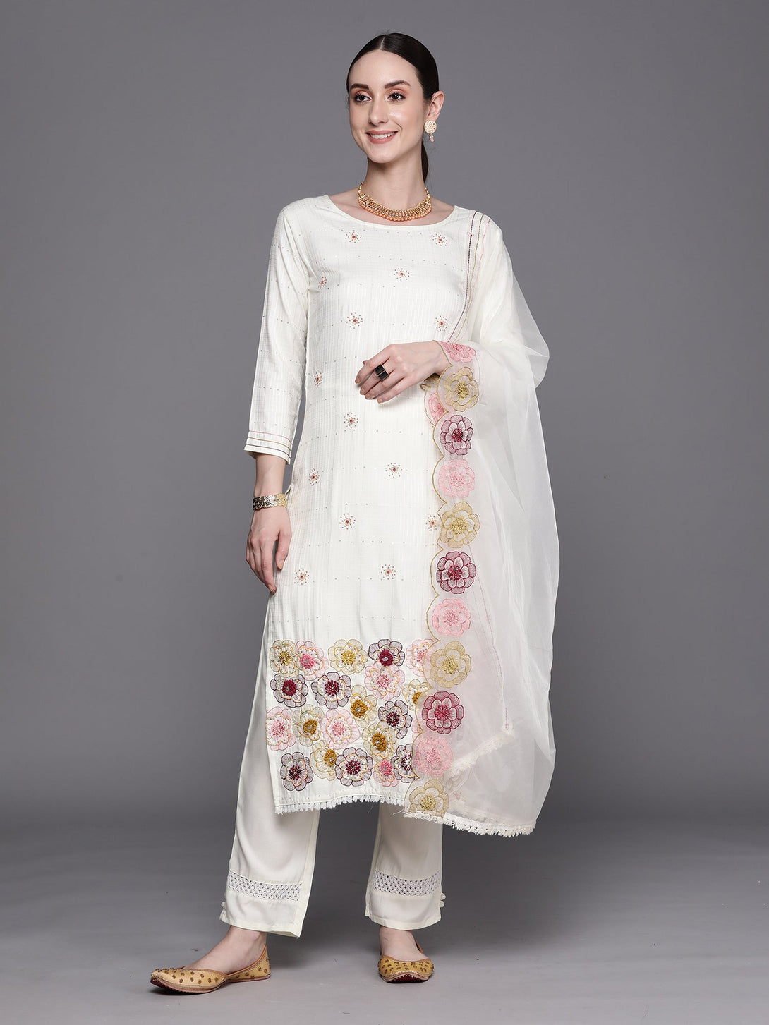 Women's White Embroidered Straight Kurta Trousers With Dupatta Set - Indo Era