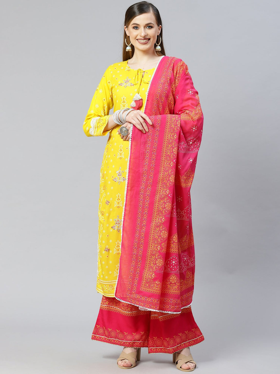 Women's Yellow Foil Printed Straight Kurta Palazzo With Dupatta Set - Indo Era