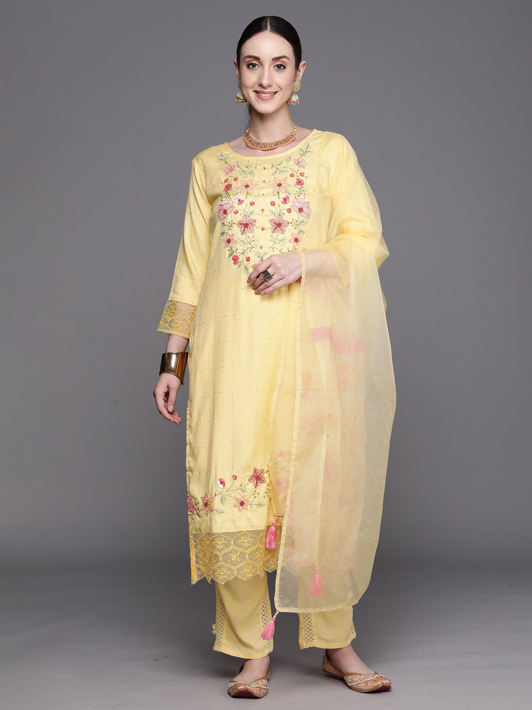 Women's Yellow Embroidered Straight Kurta Trousers With Dupatta Set - Indo Era