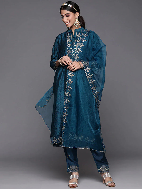 Women's Blue Embroidered Straight Kurta Trousers With Dupatta Set - Navyaa