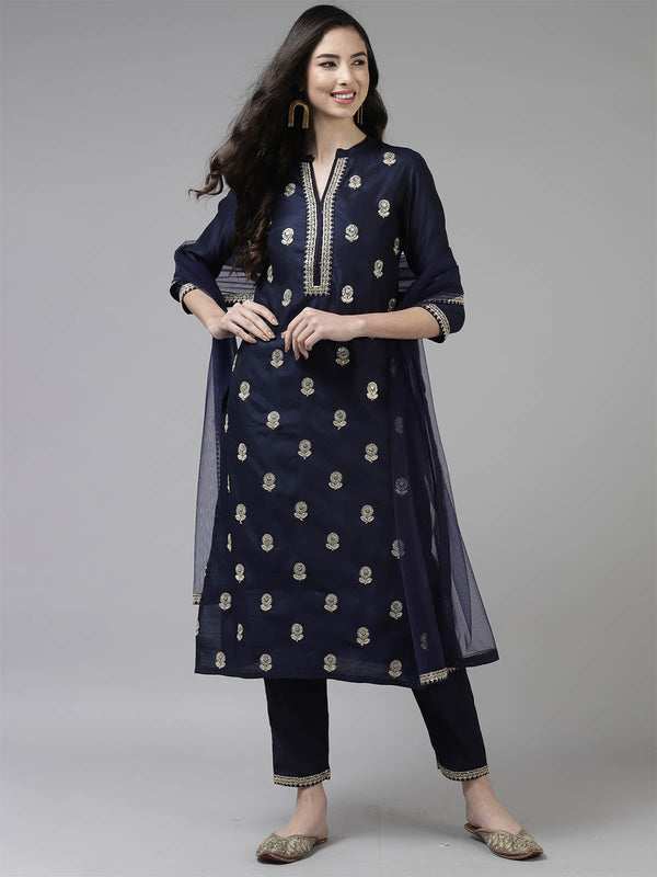 Women's Navy Blue Embroidered Straight Kurta Set - Odette