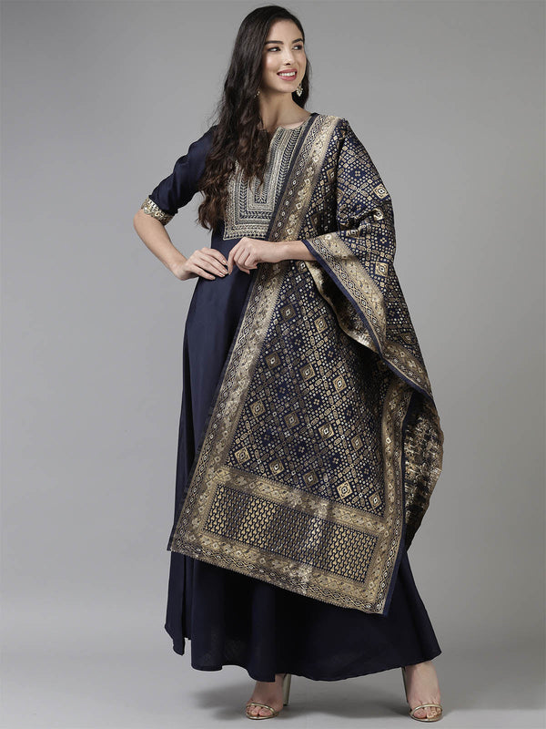 Women's Navy Blue Embroidered Straight Kurta Set - Odette