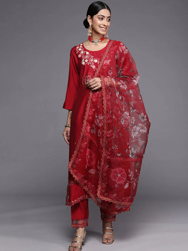 Women's Red Embroidered Straight Kurta Trousers With Dupatta Set - Navyaa