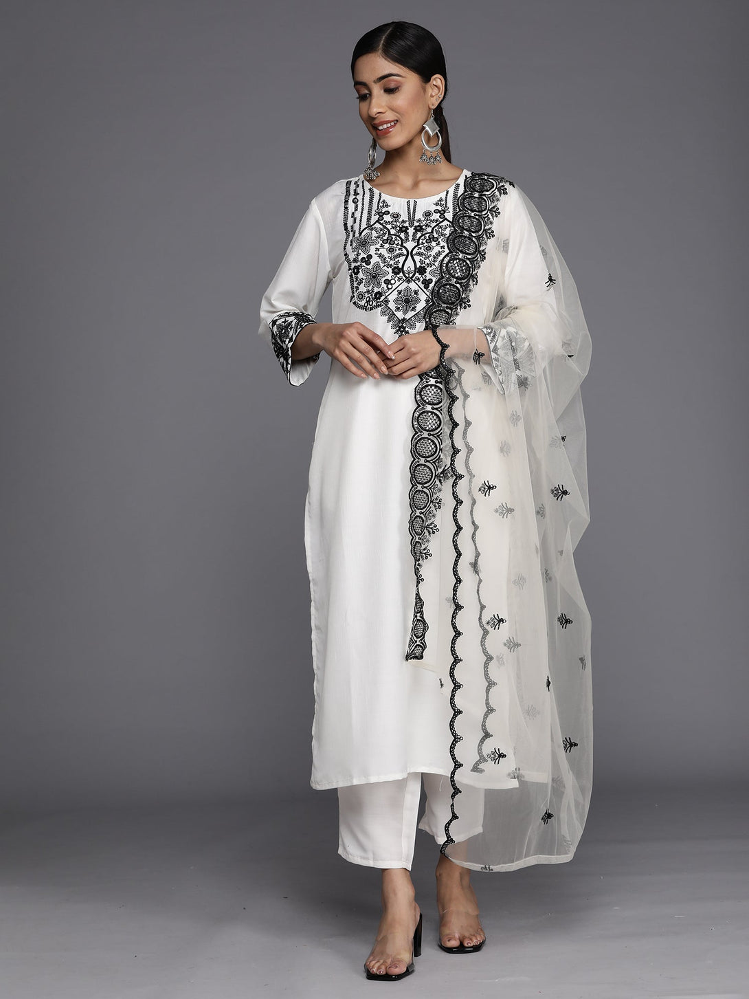 Women's White Embroidered Straight Kurta Trousers With Dupatta Set - Indo Era